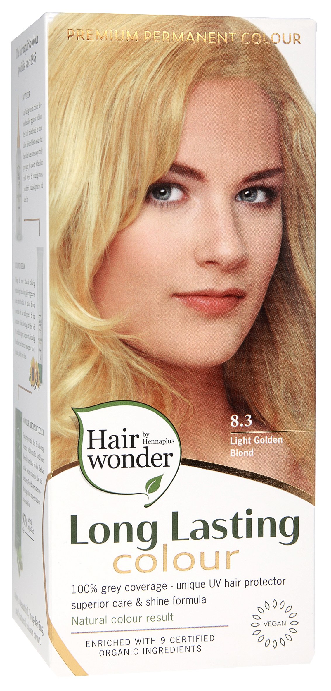 8710267491344.jpg Hairwonder ilgalaikiai plaukų dažai su 9 ekologi6kais ekstraktais, spalva šviesi aukso blondinė 8.3 - Image 1