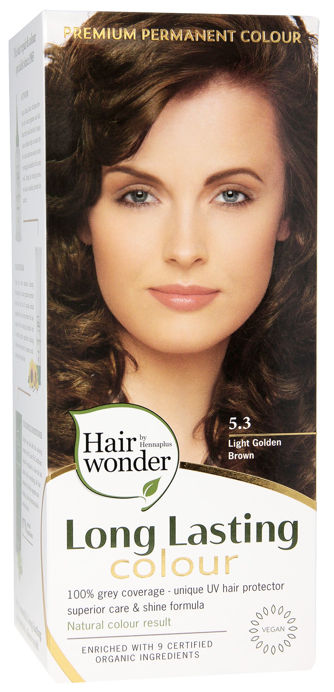 8710267491450.jpg Hairwonder Ilgalaikiai plaukų dažai su 9 ekologiškais augaliniais ekstraktais, spalva vidutinė ruda auksinio atspalvio 5.3 - Image 1