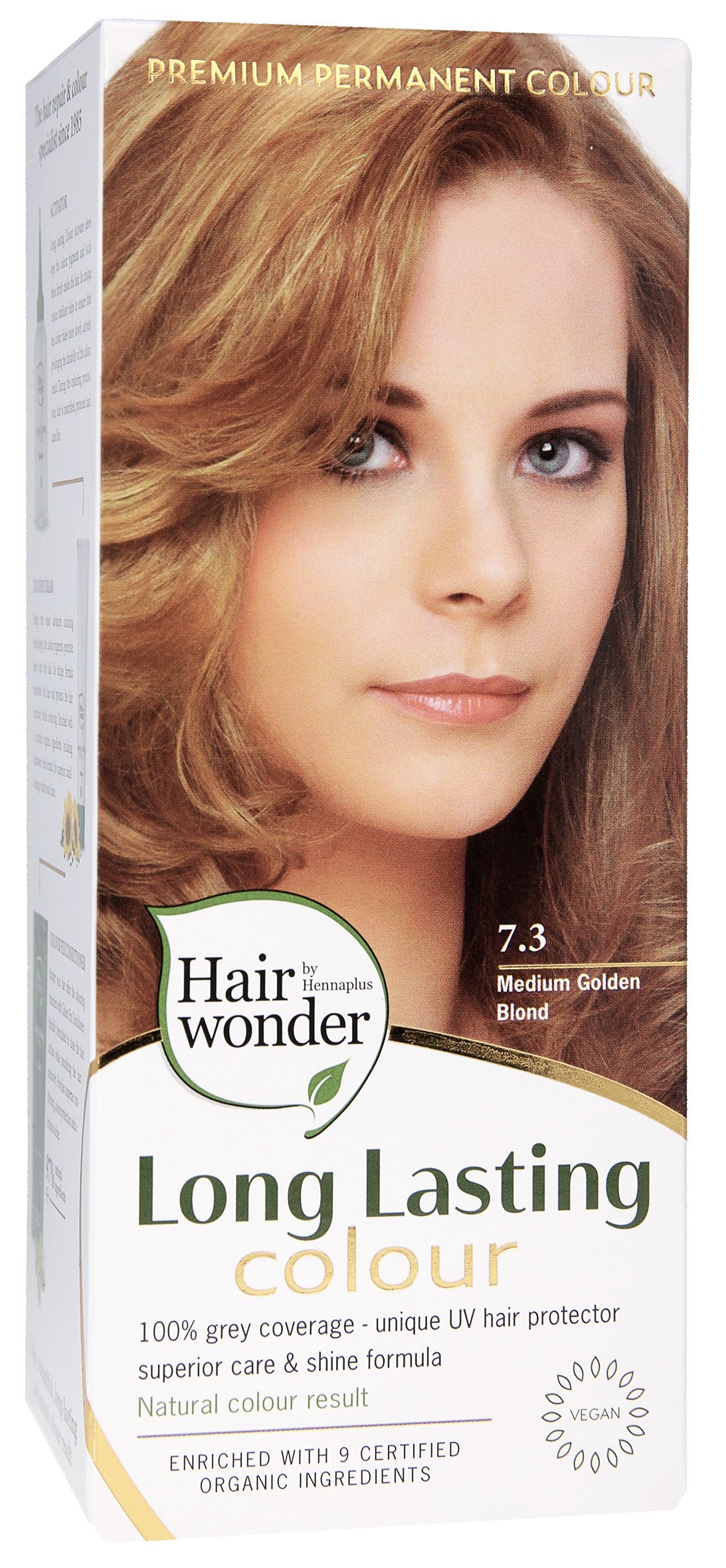 Hairwonder-ilgalaikiai-plauku-dazai-7.3.jpg Hairwonder ilgalaikiai plaukų dažai su 9 ekologiškais augaliniais ekstraktais, spalva vidutinė blondinė aukso atspavio 7.3 - Image 1