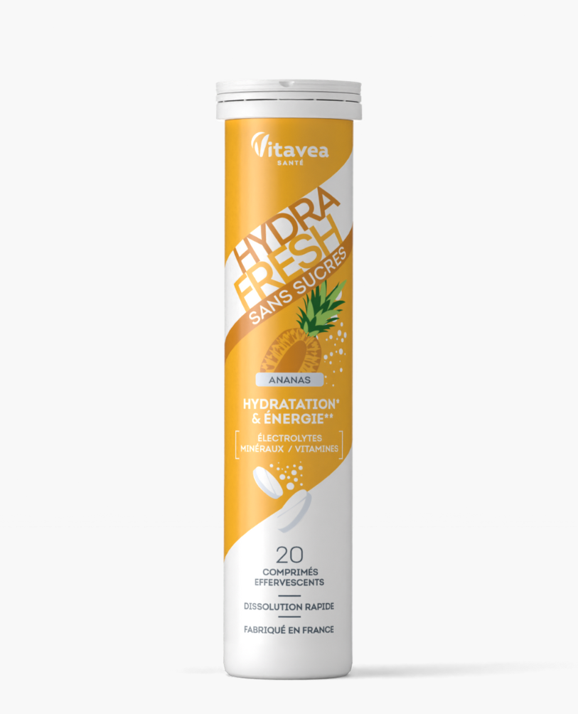 Vitavea-hydrafresh-be-cukraus-ananasu.png Vitavea HYDRAFRESH be cukraus ananasų skonio, 20 tirpstančių tablečių - Image 1